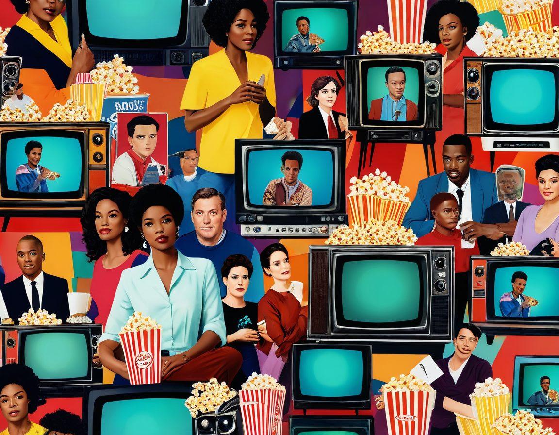 A dynamic collage of iconic TV series scenes showcasing diverse genres - drama, comedy, sci-fi, and mystery. Include characters of various ethnicities and age groups, engaging in dramatic poses or humorous expressions. The background should feature a vintage television set surrounded by popcorn and remote controls. Emphasize vibrant colors to capture the allure of binge-watching. digital art. vibrant colors. 3D.