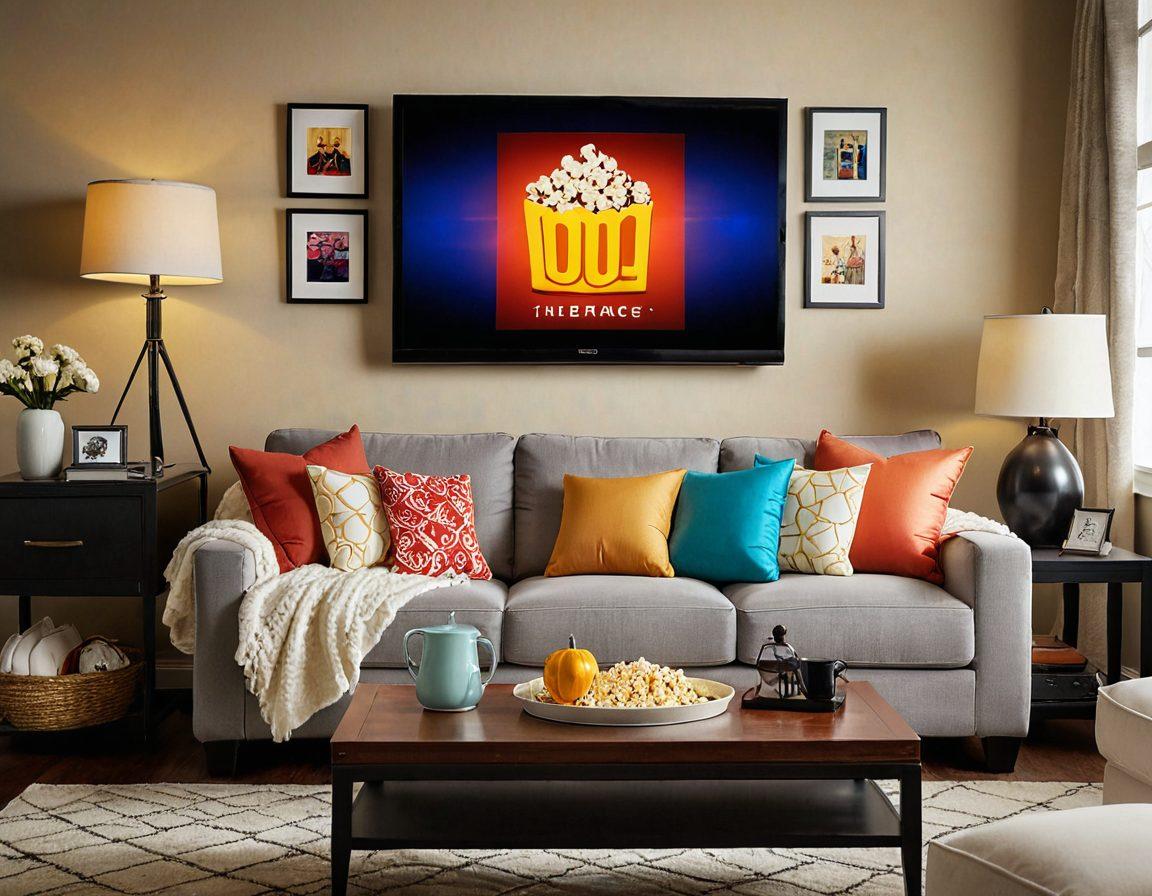 A cozy living room scene featuring a comfortable couch with plush pillows, a big flat-screen TV displaying a vibrant array of popular TV show logos. A bowl of popcorn sits on a coffee table surrounded by cozy blankets and a warm glow from a lamp. On the wall, framed posters of iconic TV series hint at a sweeping entertainment journey. Super-realistic. Warm colors. 3D.