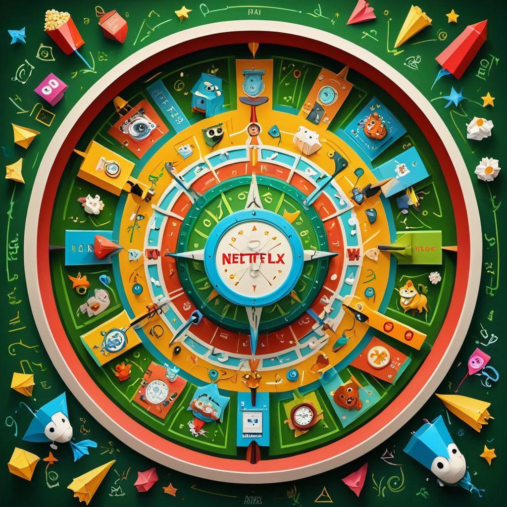 A vivid maze constructed from iconic symbols of various streaming platforms like Netflix, Hulu, and Prime Video, with vibrant arrows guiding the way. In the center, a colorful compass symbolizing navigation, surrounded by cheerful characters holding popcorn and remote controls, exploring the maze. Bright, engaging colors with a playful, cartoonish style to evoke excitement about streaming discoveries. cartoonish. vibrant colors. dynamic composition.